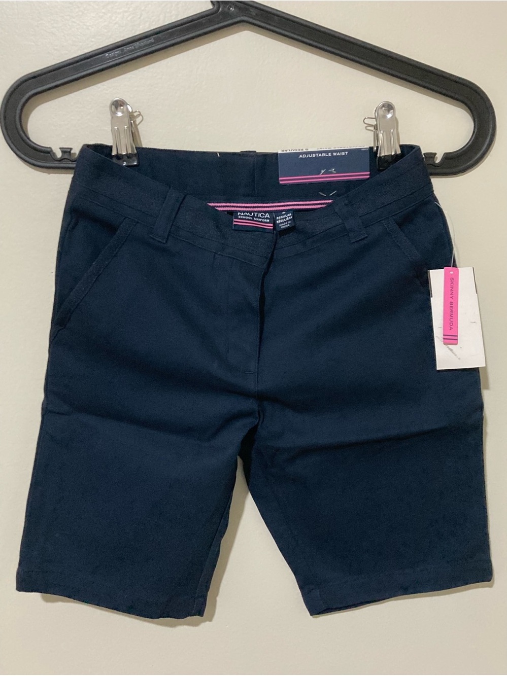 NEW Nautica School Uniform size 8 Regular Skinny Bermuda Shorts Navy + Pockets